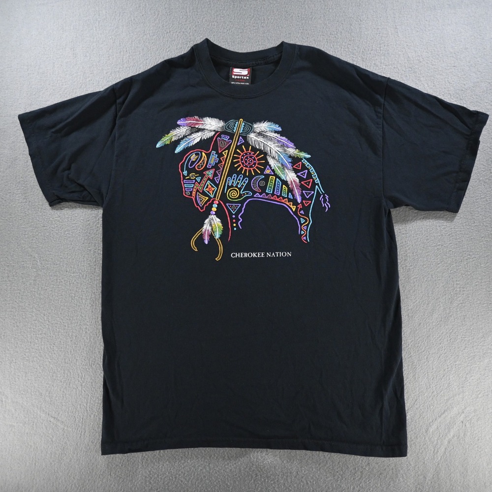 Sportex Mens Cherokee Nation Buffalo Graphic T-Shirt Large Black Vintage 90s